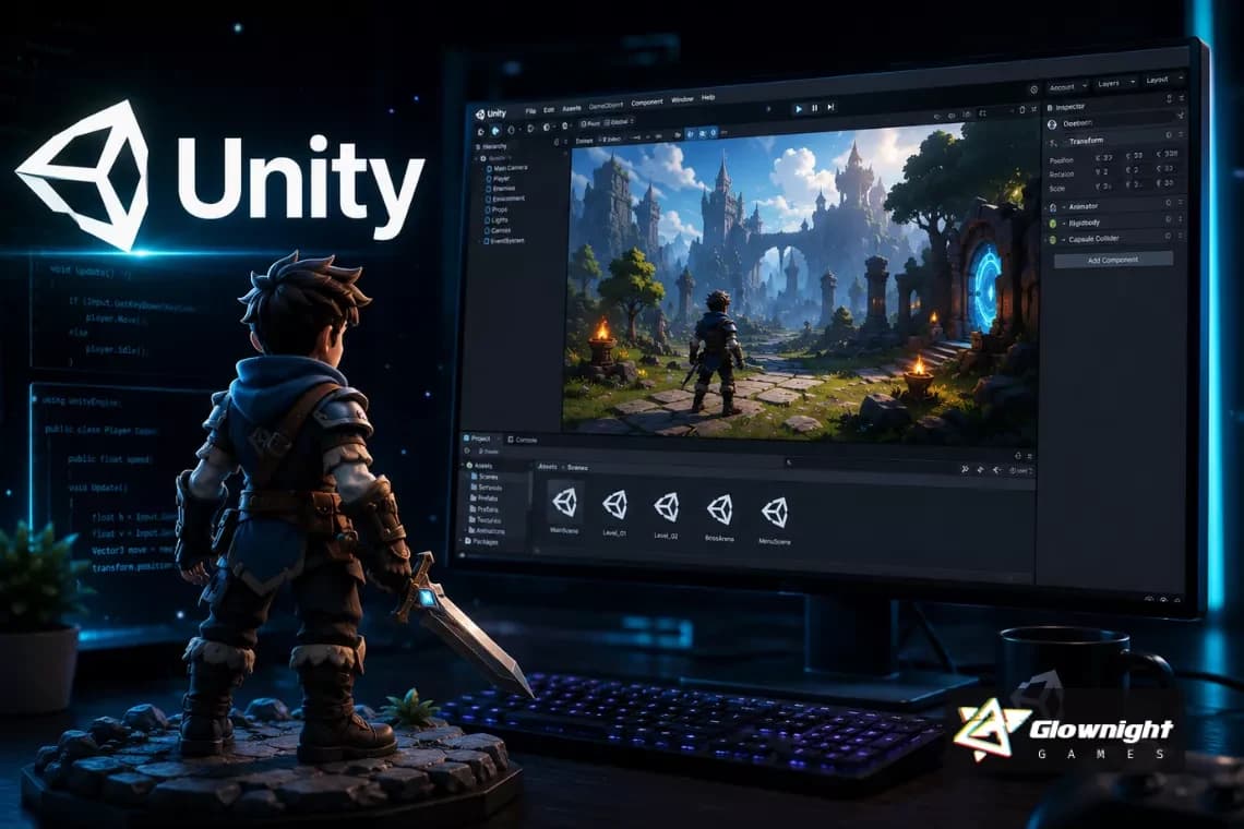 The Unity editor — a game scene open alongside the hierarchy, inspector and project assets